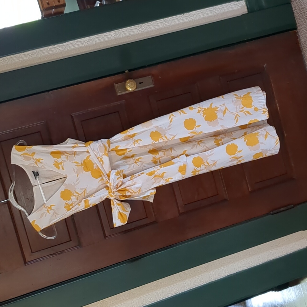 Ann Taylor White Midi Dress with Yellow Floral Print